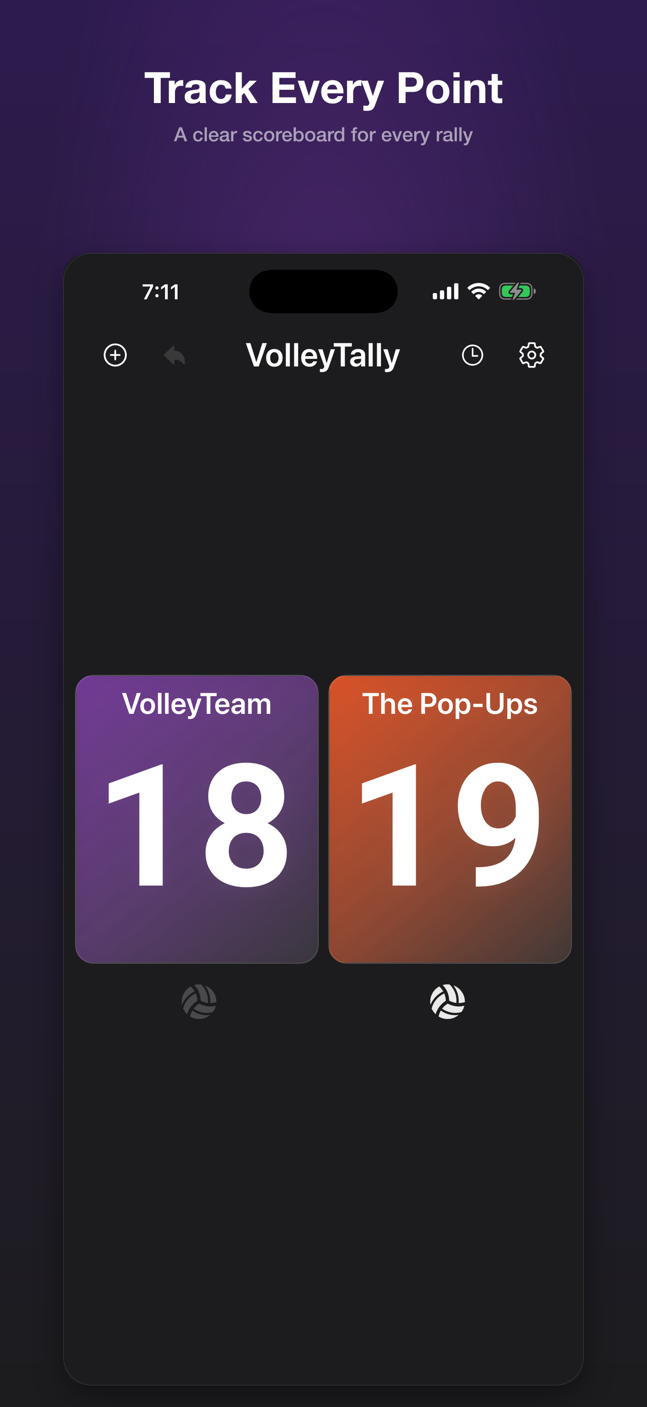 VolleyTally scoreboard showing a volleyball match in progress